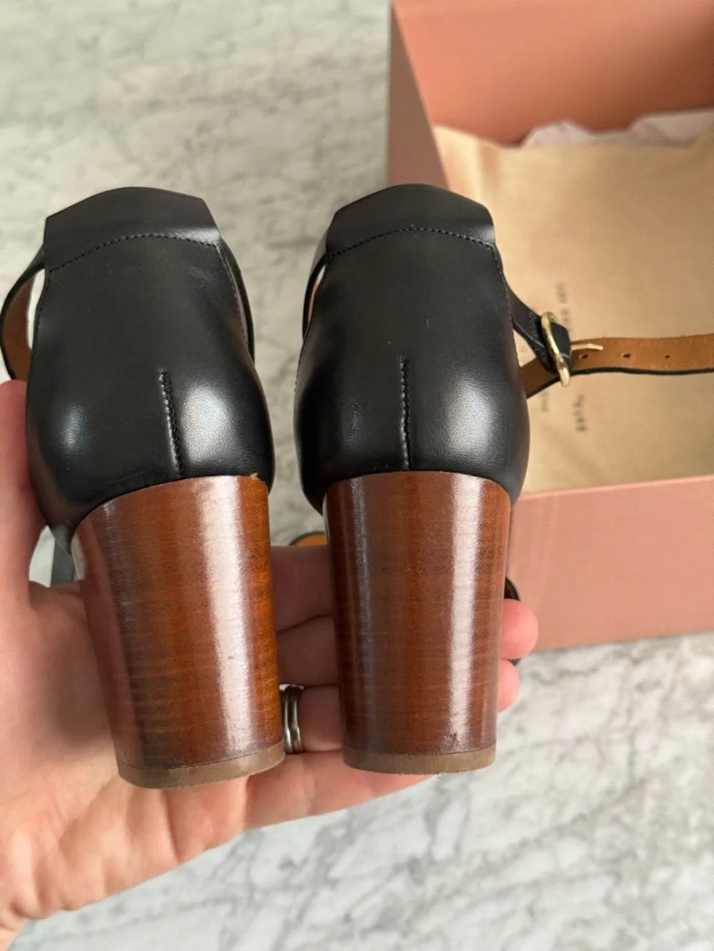Sezane Black Leather Block Heel Sandals with Brown Wood Heel EU40